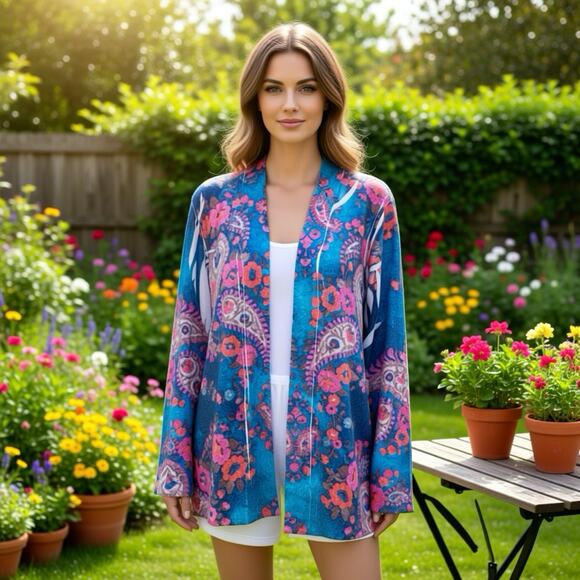 Mushka By Sienna Rose Sweaters - Mushka By Sienna Rose Women L Whimsical Paisley Floral Open Cardigan Sweater